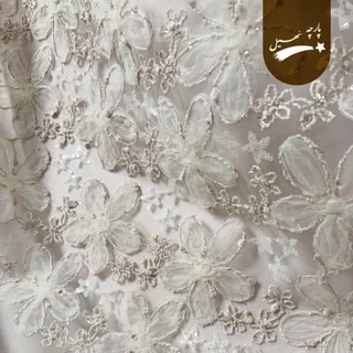 پارچه دانتل تور سه‌بعدی صورتی پولک‌دوزی گلدار