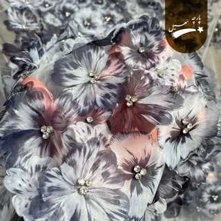 گل برجسته سنگدوزی تمام دست دوز (مشکی طوسی)